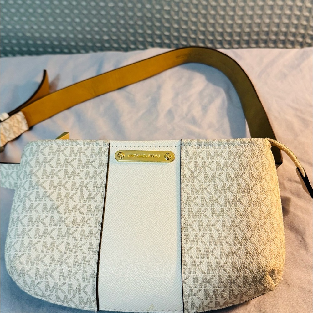 Michael Kors White and Tan Belt with Signature Monogram